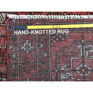 3'9"x9'2" Tomato Red, Distressed Look Worn Wool Hand Knotted, Vintage Persian Turkaman with Elephant Feet Design Cropped Thin, Wide Runner Oriental Rug FWR487272