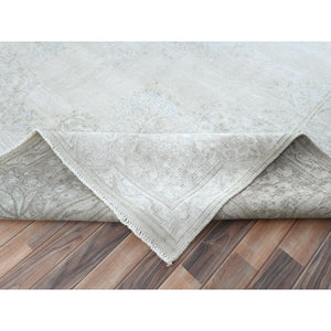 9'7"x12'6" Ivory Hand Knotted Cropped Thin, Worn Wool, Distressed Look Old Persian Kerman Oriental Rug FWR487482