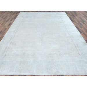 9'8"x12'10" Beige Hand Knotted Worn Wool, Cropped Thin Distressed Look Vintage Persian Kerman Oriental Rug FWR487488