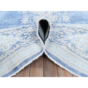 10'x13' Denim Blue Vintage Persian Kerman Hand Knotted Sheared Low Worn Wool Distressed Look Oriental Rug FWR487518