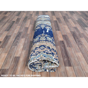 10'x13' Denim Blue Vintage Persian Kerman Hand Knotted Sheared Low Worn Wool Distressed Look Oriental Rug FWR487518