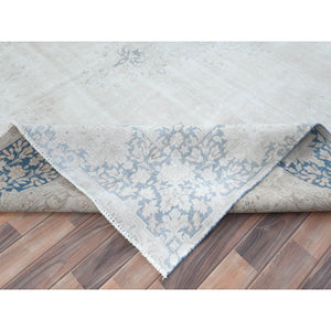 9'x12' Ivory Semi Antique Persian Kerman Worn Wool, Sheared Low, Hand Knotted Distressed Look Oriental Rug FWR487524