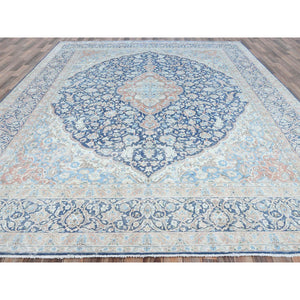 9'9"x12'8" Navy Blue Vintage Persian Kerman Worn Wool, Sheared Low, Hand Knotted Distressed Look Oriental Rug FWR487560