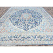 Load image into Gallery viewer, 9&#39;9&quot;x12&#39;8&quot; Navy Blue Vintage Persian Kerman Worn Wool, Sheared Low, Hand Knotted Distressed Look Oriental Rug FWR487560