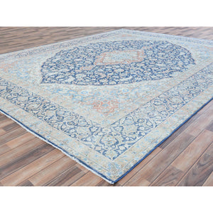 9'9"x12'8" Navy Blue Vintage Persian Kerman Worn Wool, Sheared Low, Hand Knotted Distressed Look Oriental Rug FWR487560