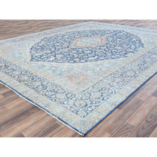 Load image into Gallery viewer, 9&#39;9&quot;x12&#39;8&quot; Navy Blue Vintage Persian Kerman Worn Wool, Sheared Low, Hand Knotted Distressed Look Oriental Rug FWR487560