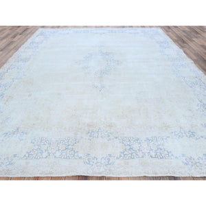 9'7"x12'9" Light Blue Hand Knotted Vintage Persian Kerman Sheared Low Worn Wool Distressed Look Oriental Rug FWR487590