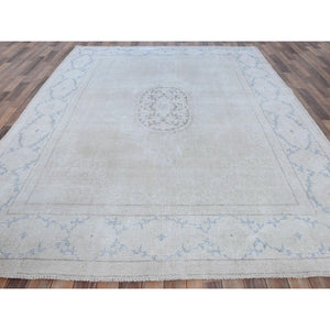 7'9"x10'7" Beige Old Persian Kerman Shabby Chic, Cropped Thin, Hand Knotted Worn Wool, Distressed Look Oriental Rug FWR487608