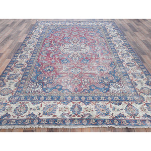 6'1"x9'6" Pinky Red, Vintage Persian Kerman Hand Knotted Worn Wool, Cropped Thin, Shabby Chic Distressed Look Oriental Rug FWR487614