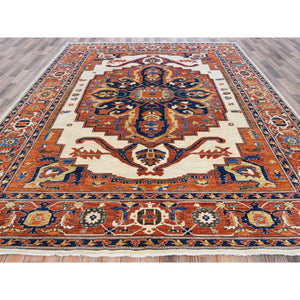 9'x11'8" Rust Red, Antiqued Persian Serapi Inspired Design, Ghazni Wool, 200 Kpsi Densely Woven, Hand Knotted, Natural Dyes Oriental Rug FWR487632
