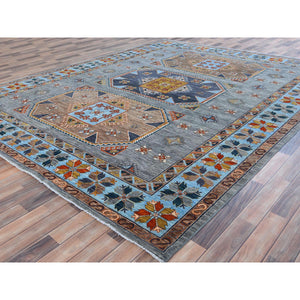 9'x11'9" Gray Armenian Inspired Caucasian Design, 200 Kpsi Denser Weave, Hand Knotted, Natural Dyes Ghazni Wool Oriental Rug FWR487638