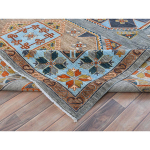9'x11'9" Gray Armenian Inspired Caucasian Design, 200 Kpsi Denser Weave, Hand Knotted, Natural Dyes Ghazni Wool Oriental Rug FWR487638