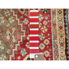 Load image into Gallery viewer, 4&#39;10&quot;x7&#39;4&quot; Crimson Red, Vintage Persian Shiraz with Distinct Abrash, Geometric Pattern, Cropped Thin, Zero Pile, Sides and Ends Professionally Secured, Hand Knotted, Pure Wool, Oriental Rug FWR4872