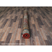 Load image into Gallery viewer, 4&#39;10&quot;x7&#39;4&quot; Crimson Red, Vintage Persian Shiraz with Distinct Abrash, Geometric Pattern, Cropped Thin, Zero Pile, Sides and Ends Professionally Secured, Hand Knotted, Pure Wool, Oriental Rug FWR4872