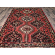 Load image into Gallery viewer, 5&#39;2&quot;x7&#39;10&quot; Blush Red, Vintage Persian Shiraz With Geometric Pattern, Small Animal Figurines, Shaved Low, Zero Pile, Sides And Ends Professionally Secured, Clean, Hand Knotted, Pure Wool, Oriental Rug FWR4878