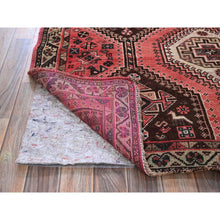 Load image into Gallery viewer, 5&#39;2&quot;x7&#39;10&quot; Blush Red, Vintage Persian Shiraz With Geometric Pattern, Small Animal Figurines, Shaved Low, Zero Pile, Sides And Ends Professionally Secured, Clean, Hand Knotted, Pure Wool, Oriental Rug FWR4878