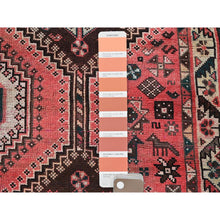 Load image into Gallery viewer, 5&#39;2&quot;x7&#39;10&quot; Blush Red, Vintage Persian Shiraz With Geometric Pattern, Small Animal Figurines, Shaved Low, Zero Pile, Sides And Ends Professionally Secured, Clean, Hand Knotted, Pure Wool, Oriental Rug FWR4878