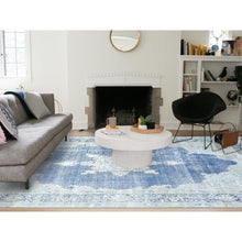Load image into Gallery viewer, 8&#39;9&quot;x12&#39; Navy Blue Semi Antique Persian Kerman Worn Wool, Sheared Low, Hand Knotted, Shabby Chic Distressed Look Oriental Rug FWR489648