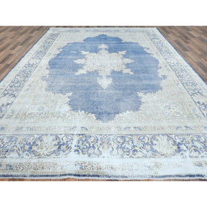 8'9"x12' Navy Blue Semi Antique Persian Kerman Worn Wool, Sheared Low, Hand Knotted, Shabby Chic Distressed Look Oriental Rug FWR489648