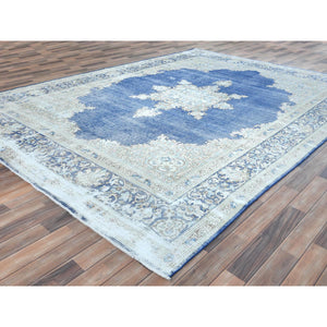 8'9"x12' Navy Blue Semi Antique Persian Kerman Worn Wool, Sheared Low, Hand Knotted, Shabby Chic Distressed Look Oriental Rug FWR489648