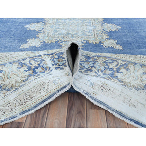 8'9"x12' Navy Blue Semi Antique Persian Kerman Worn Wool, Sheared Low, Hand Knotted, Shabby Chic Distressed Look Oriental Rug FWR489648