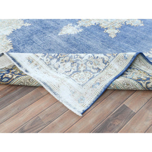 8'9"x12' Navy Blue Semi Antique Persian Kerman Worn Wool, Sheared Low, Hand Knotted, Shabby Chic Distressed Look Oriental Rug FWR489648