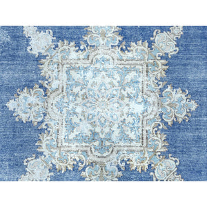 8'9"x12' Navy Blue Semi Antique Persian Kerman Worn Wool, Sheared Low, Hand Knotted, Shabby Chic Distressed Look Oriental Rug FWR489648