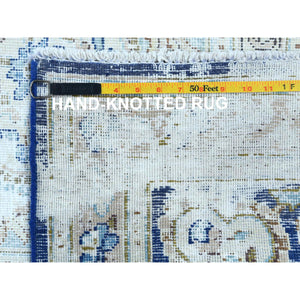 8'9"x12' Navy Blue Semi Antique Persian Kerman Worn Wool, Sheared Low, Hand Knotted, Shabby Chic Distressed Look Oriental Rug FWR489648