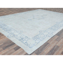 Load image into Gallery viewer, 9&#39;7&quot;x13&#39;10&quot; Light Blue Worn Wool, Cropped Thin, Hand Knotted Distressed Look Shabby Chic Semi Antique Persian Kerman Oriental Rug FWR489702