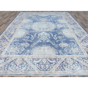 9'1"x13" Navy Blue Semi Antique Persian Kerman Hand Knotted Sheared Low, Worn Wool, Shabby Chic Distressed Look Oriental Rug FWR489732