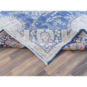 9'1"x13" Navy Blue Semi Antique Persian Kerman Hand Knotted Sheared Low, Worn Wool, Shabby Chic Distressed Look Oriental Rug FWR489732