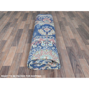 9'1"x13" Navy Blue Semi Antique Persian Kerman Hand Knotted Sheared Low, Worn Wool, Shabby Chic Distressed Look Oriental Rug FWR489732