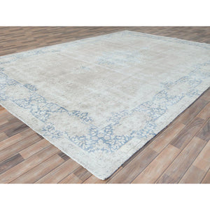 9'7"x13'2" Beige Vintage Persian Kerman Shabby Chic, Sheared Low, Worn Wool Distressed Look Hand Knotted Oriental Rug FWR489768