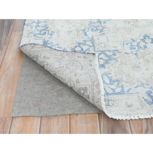 9'7"x13'2" Beige Vintage Persian Kerman Shabby Chic, Sheared Low, Worn Wool Distressed Look Hand Knotted Oriental Rug FWR489768