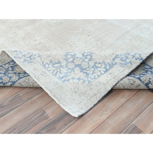 9'7"x13'2" Beige Vintage Persian Kerman Shabby Chic, Sheared Low, Worn Wool Distressed Look Hand Knotted Oriental Rug FWR489768