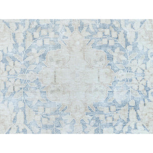 9'7"x13'2" Beige Vintage Persian Kerman Shabby Chic, Sheared Low, Worn Wool Distressed Look Hand Knotted Oriental Rug FWR489768
