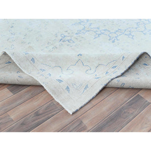 7'2"x10' Light Blue Old Persian Kerman Hand Knotted Cropped Thin, Worn Wool, Shabby Chic Distressed Look Oriental Rug FWR489792