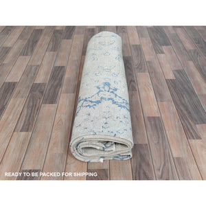 7'2"x10' Light Blue Old Persian Kerman Hand Knotted Cropped Thin, Worn Wool, Shabby Chic Distressed Look Oriental Rug FWR489792
