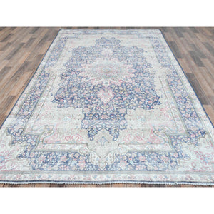 5'9"x9'7" Navy Blue Vintage Persian Kerman Worn Wool, Sheared Low, Distressed Look, Shabby Chic Hand Knotted Oriental Rug FWR489804