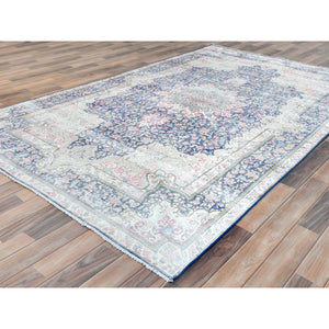 5'9"x9'7" Navy Blue Vintage Persian Kerman Worn Wool, Sheared Low, Distressed Look, Shabby Chic Hand Knotted Oriental Rug FWR489804