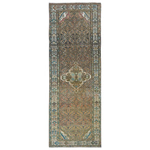 Load image into Gallery viewer, 3&#39;3&quot;x9&#39;2&quot; Mocha Brown, Vintage Persian Hamadan with Fish Mahi Design, Abrash, Distressed, Cropped Thin, Hand Knotted Pure Wool Wide Runner Oriental Rug FWR489828