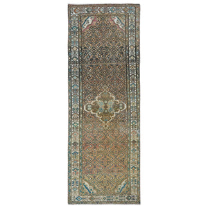 3'3"x9'2" Mocha Brown, Vintage Persian Hamadan with Fish Mahi Design, Abrash, Distressed, Cropped Thin, Hand Knotted Pure Wool Wide Runner Oriental Rug FWR489828