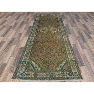 3'3"x9'2" Mocha Brown, Vintage Persian Hamadan with Fish Mahi Design, Abrash, Distressed, Cropped Thin, Hand Knotted Pure Wool Wide Runner Oriental Rug FWR489828