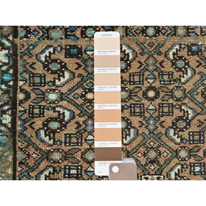 3'3"x9'2" Mocha Brown, Vintage Persian Hamadan with Fish Mahi Design, Abrash, Distressed, Cropped Thin, Hand Knotted Pure Wool Wide Runner Oriental Rug FWR489828