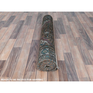 3'3"x9'2" Mocha Brown, Vintage Persian Hamadan with Fish Mahi Design, Abrash, Distressed, Cropped Thin, Hand Knotted Pure Wool Wide Runner Oriental Rug FWR489828