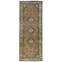 Load image into Gallery viewer, 3&#39;3&quot;x9&#39;8&quot; Honey Brown with Touches of Green, Vintage Persian Hamadan, Hand Knotted, Pure Wool, Distressed Look, Worn Down Wide Runner Oriental Rug FWR489894