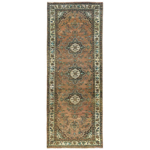 3'3"x9'8" Honey Brown with Touches of Green, Vintage Persian Hamadan, Hand Knotted, Pure Wool, Distressed Look, Worn Down Wide Runner Oriental Rug FWR489894
