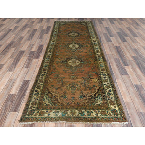 3'3"x9'8" Honey Brown with Touches of Green, Vintage Persian Hamadan, Hand Knotted, Pure Wool, Distressed Look, Worn Down Wide Runner Oriental Rug FWR489894