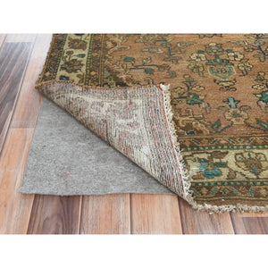 3'3"x9'8" Honey Brown with Touches of Green, Vintage Persian Hamadan, Hand Knotted, Pure Wool, Distressed Look, Worn Down Wide Runner Oriental Rug FWR489894