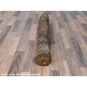 3'3"x9'8" Honey Brown with Touches of Green, Vintage Persian Hamadan, Hand Knotted, Pure Wool, Distressed Look, Worn Down Wide Runner Oriental Rug FWR489894